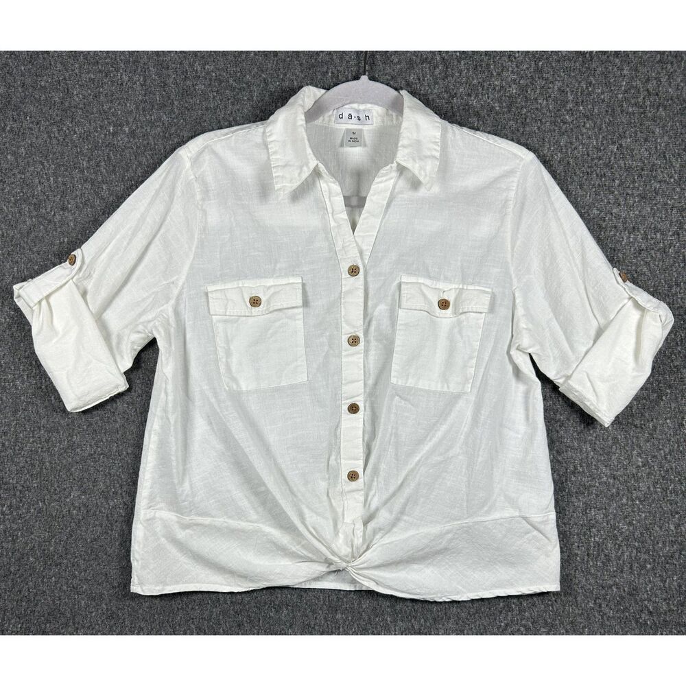 dā-sh White Cotton Roll-Tab Sleeve Front-Knot Button-Down Blouse, Size M
